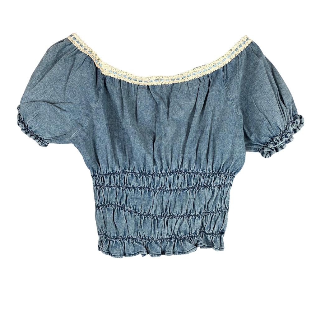 NWT Klesis Top Ruched Blue Denim Ribbon Crochet Trim Women M Coastal Cowgirl - Picture 4 of 11